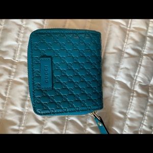 Gucci teal leather wallet with two slot coin pouch